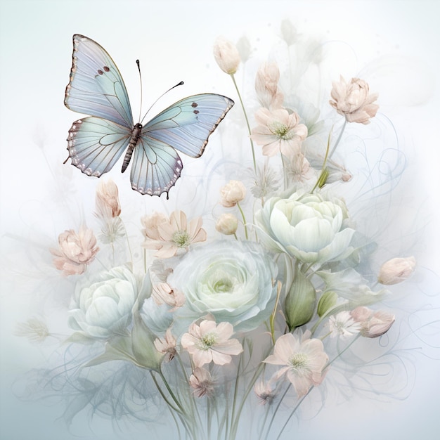 Whispering Winds Delicate Butterflies and Soft Pastel Flowers for a Serene Emblem