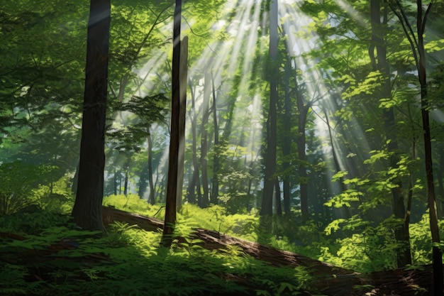 ウィスパリング ウッズ 樹冠から太陽光線が差し込む神秘的な森の穏やかなパノラマ
