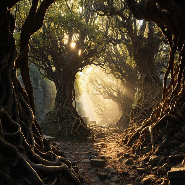 Whispers of Ancient Trees A Journey Through a Timeless Forest sunrays peeking through branches ove