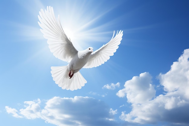 Whispers of Peace A White Dove Flying in the Blue Sky Generative AI