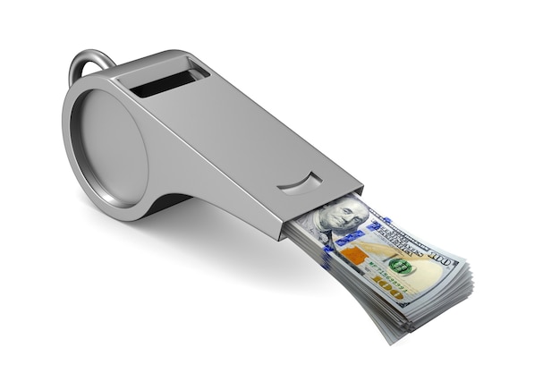 Whistle and money  on white background. Isolated 3D illustration