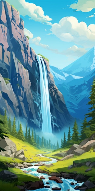 Whistlerian digital painting of a detailed mountain landscape with waterfall