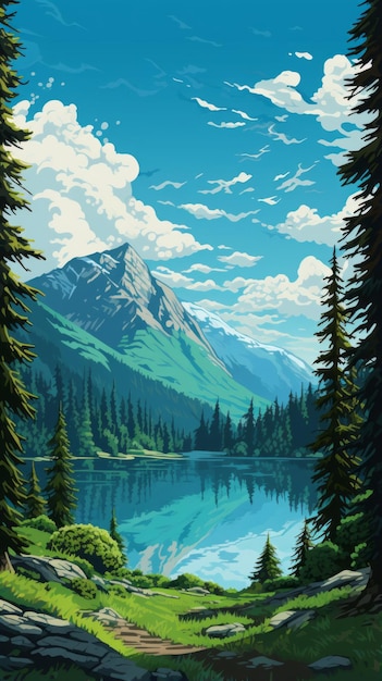 Photo whistlerian mountain lake a pixel painting in ps1 style