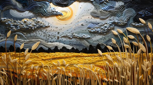 Photo whistlerian nightfall 3d art of a wheat field with sculptural paper constructions