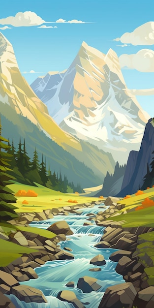 Whistlerian Precisionist Art Uhd Illustration Of A River In The Mountains