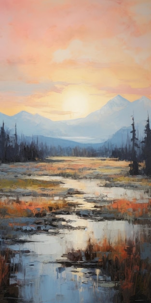 Whistlerian Sunrise On Marsh Expansief landschap olieverf schilderij