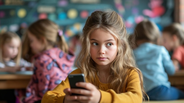 Foto una ragazza bianca di 12 anni si siede e gioca al suo telefono durante la lezione