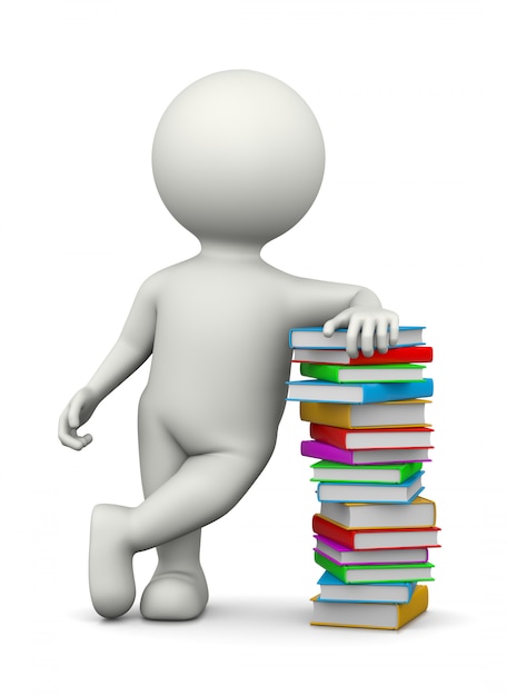 Photo white 3d character leaned on a heap of books