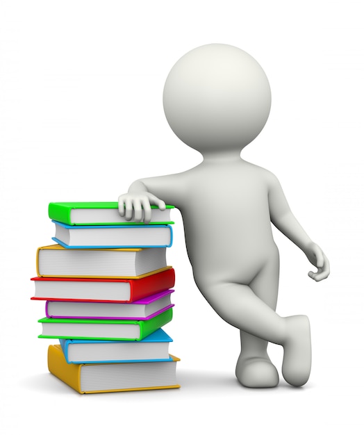 White 3D Character Leaned on a Heap of Books