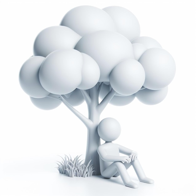 Белая 3D-фигура, отдыхающая под деревом Концепция окружающей среды, сгенерированная ИИ