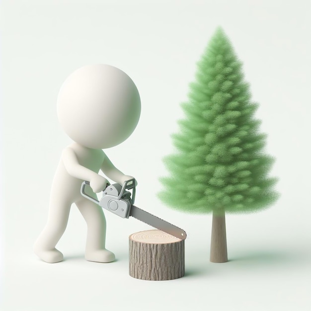 白い3Dフィギュアの作業員が木材を切る AIが生成した