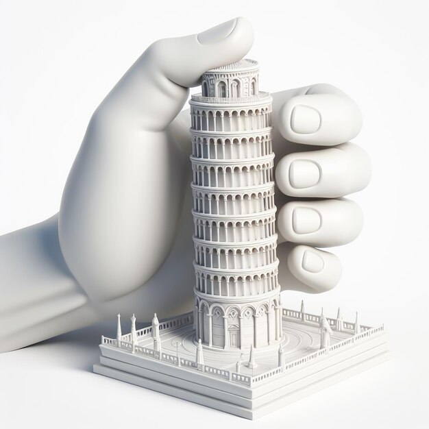 Foto mano bianca 3d che tiene la torre di pisa in italia monumenti storici generati dall'ai