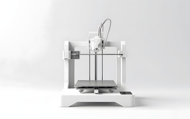 A white 3d printer with a black base and a white background.