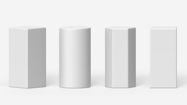 Photo white 3d render pillar podium cylinder square and hexagon column platform set empty display stage in museum stand for product presentation abstract geometric shape isolated icons 3d illustration