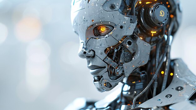 A white 3D rendering of a digital AI robot head with a graphic brain engine on a background with a clipping path