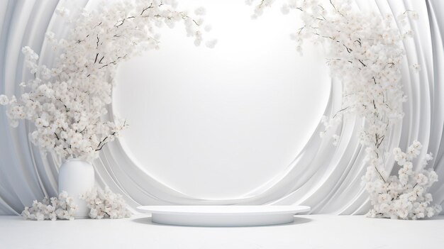 Foto scenario bianco 3d esposizione del prodotto dietro fiori bouquet il podio lusso realistico