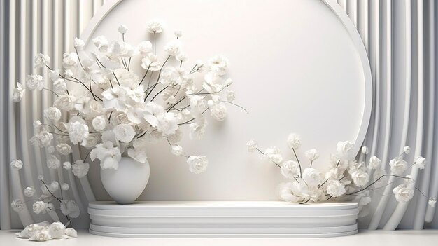 Foto scenario bianco 3d esposizione del prodotto dietro fiori bouquet il podio lusso realistico