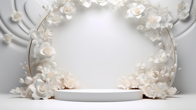 Foto scenario bianco 3d esposizione del prodotto dietro fiori bouquet il podio lusso realistico