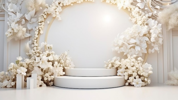 White 3d stage background product display behind flowers bouquet the podiumluxury realistic