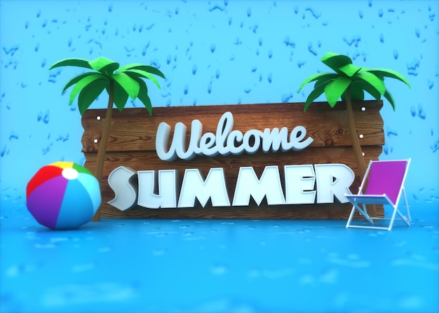 White 3D text on wooden sign on blue and summer elements