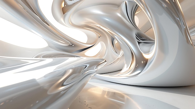 White abstract 3D rendering of a futuristic interior space with smooth curved walls and glossy surfaces