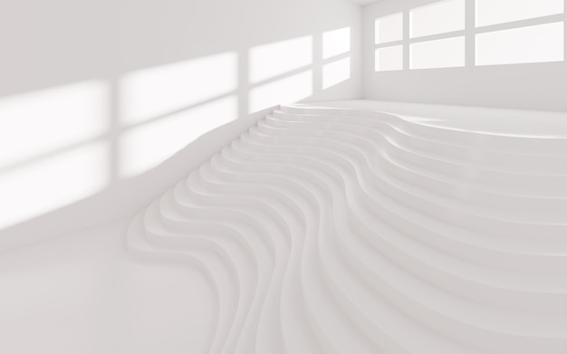 White abstract empty architecture with curves and stairs 3d rendering