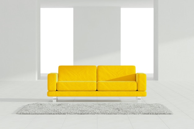 White Abstract Interior with Yellow Sofa and Hair Carpet 3d Rendering