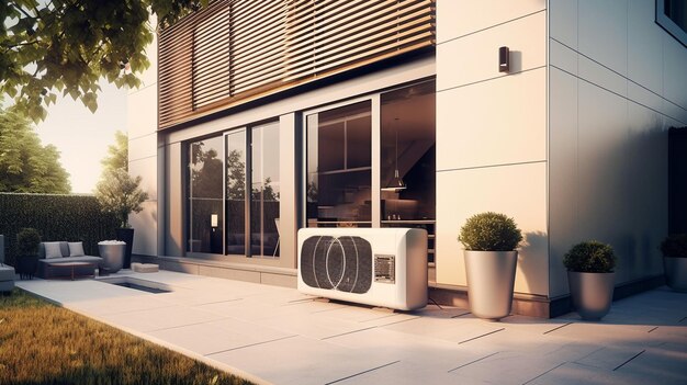 A white ac unit outside a home with a plant in the front.