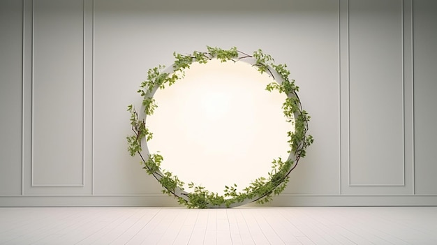 White accent wall empty room large circular floral