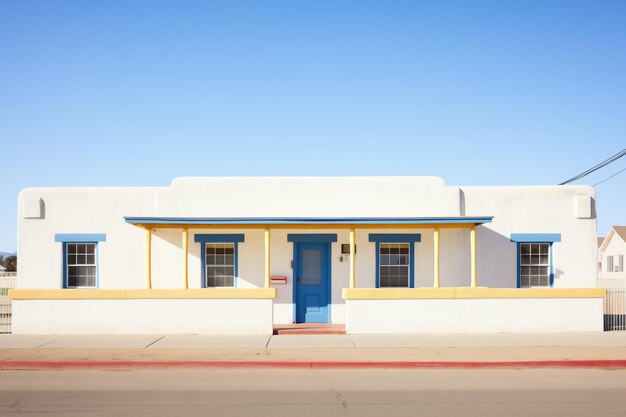 White adobe walls with blue trim