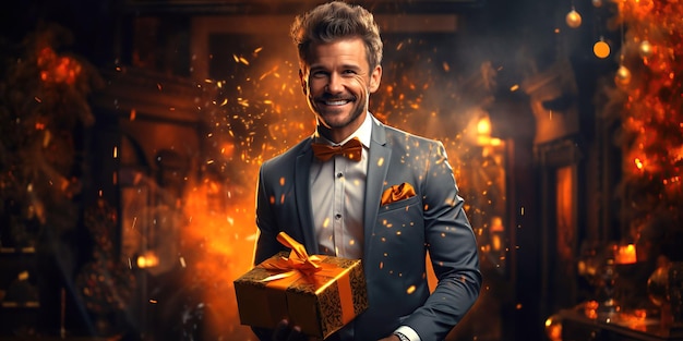 white adult handsome man holds a box with a gift in hands