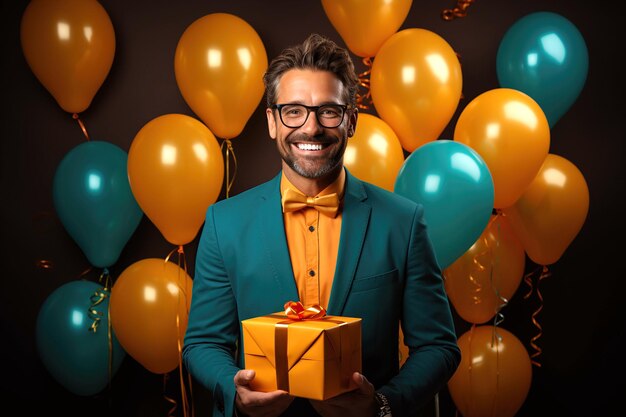 Photo white adult handsome man with glasses holds a box with a gift in hands