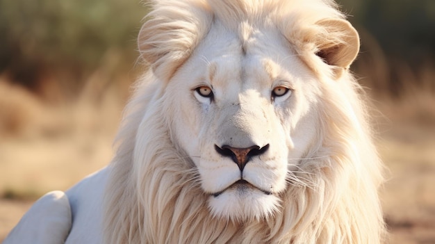 A white African lion walks in a wildlife park