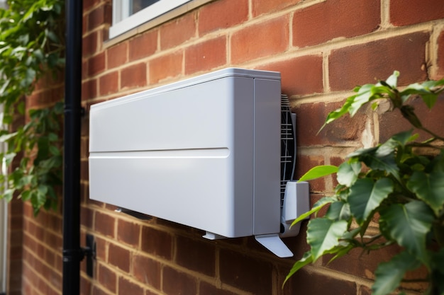 White air conditioner is mounted on brick wall