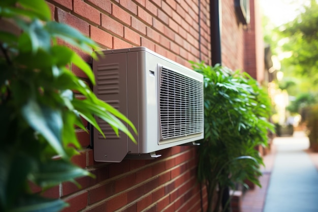 White air conditioner unit is mounted on brick wall