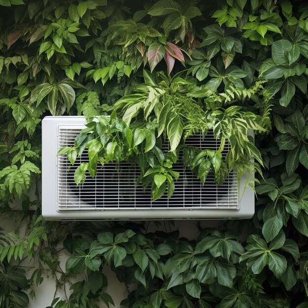 a white air vent is on a wall with green plants