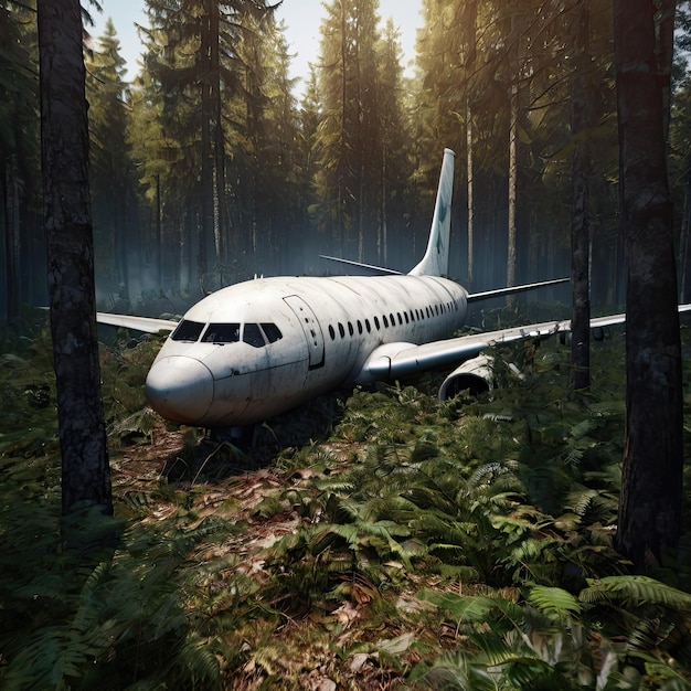 a white airplane is parked in a forest with trees and grass