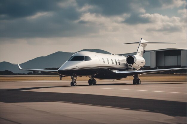 a white airplane with a black stripe is on the runway.