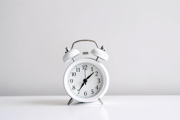 White alarm clock on a white background with copy space