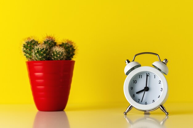 White alarm clock with cactus in pot on wooden desk