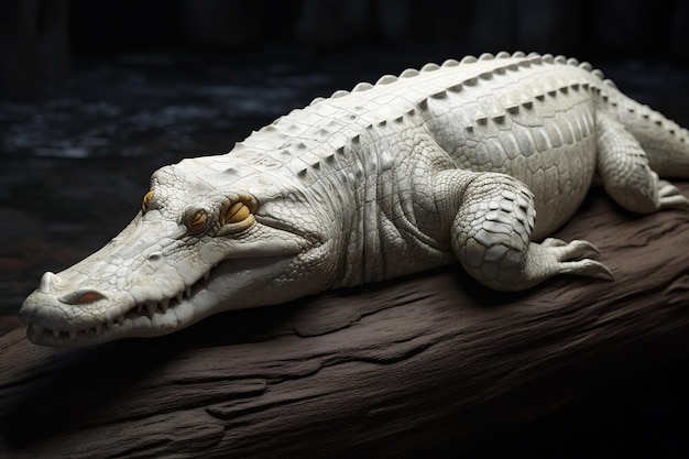 A white alligator sits on a log with the word alligator on it.