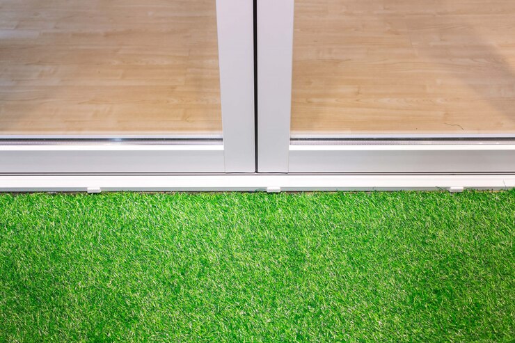 White aluminium door and grass floor decoration 