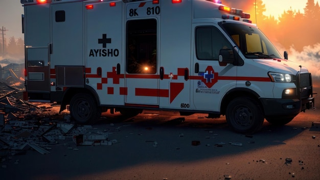 A white ambulance with an arrow pointing to a red arrow pointing to a red arrow.