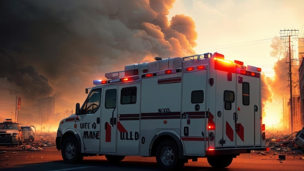 A white ambulance with the word make on the side