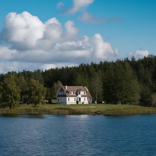 Фото white and brown house near lake and green trees under white clouds and blue sky during