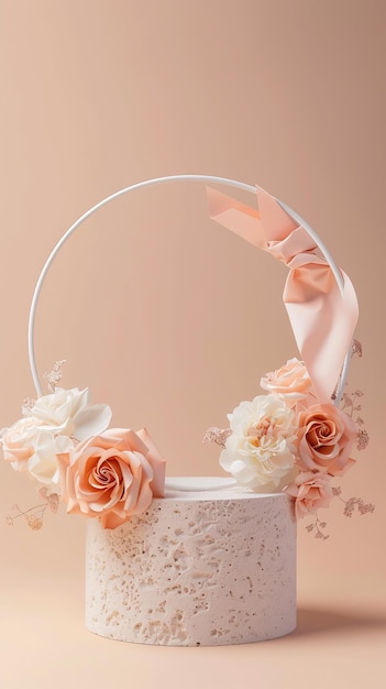 Фото Белые и розовые розы в круглом ящике на бежевом фоне