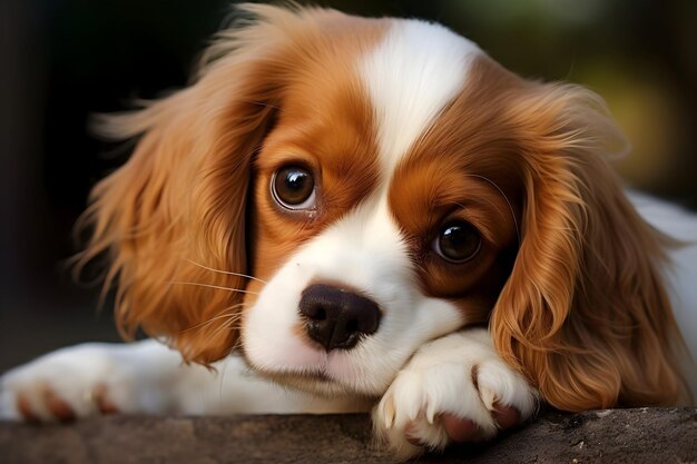 Foto white and red mammal cavalier king charles spaniel puppy closeup photo