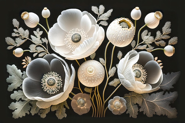 White anemones with artificial light Generative AI