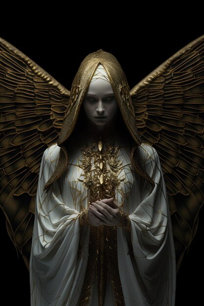 Photo a white angel with gold wings and a gold cross on the front