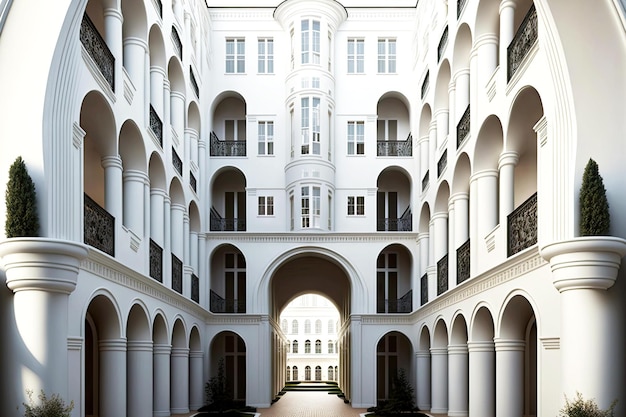 White apartment building with beaful arched passages in american style house exterior